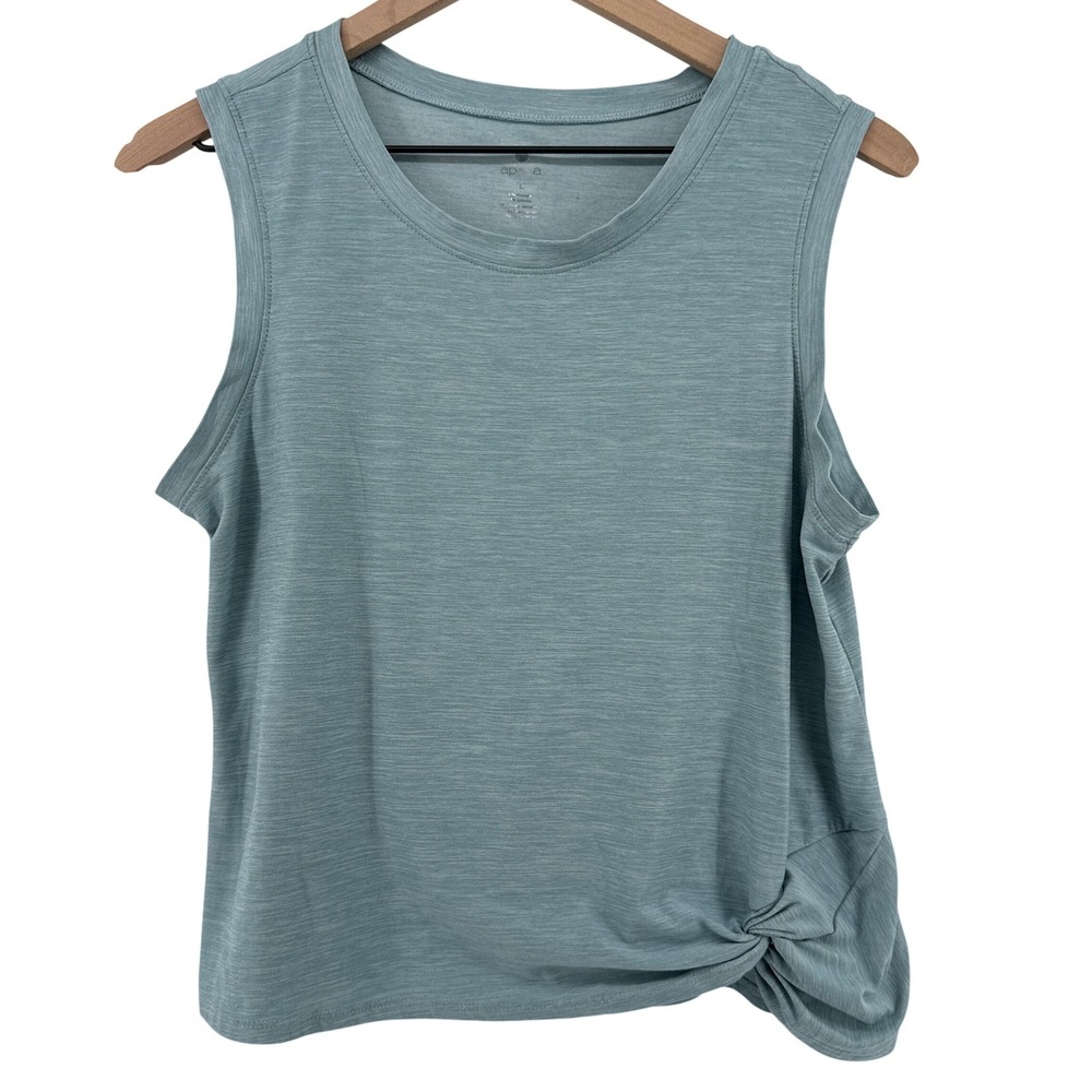Apana Front Knot Twist Tank Top Waist Length Dusty Teal Blue Women L Yoga Active